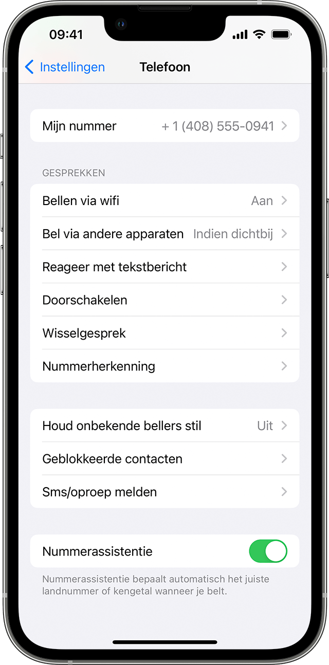 Een iPhone met het scherm 'Telefoon'. 'Bellen via wifi' is ingeschakeld.