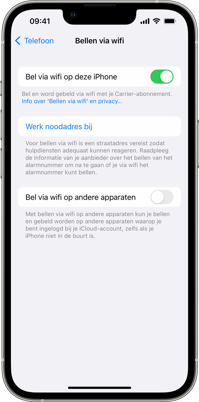 iPhone met het scherm 'Bellen via wifi', met 'Bel via wifi op deze iPhone' ingeschakeld.