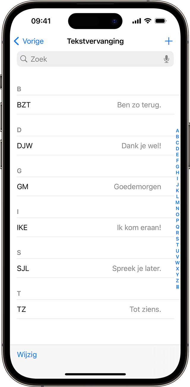 Een lijst met afkortingen voor tekst die zijn ingesteld voor gebruik op je iPhone.