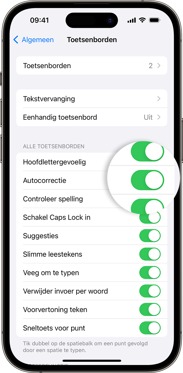 iPhone-scherm waarop wordt getoond hoe je 'Autocorrectie' inschakelt.