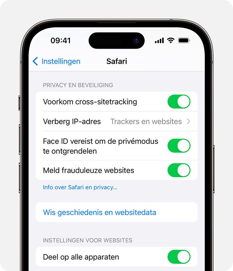 In de Safari-instellingen kun je instellen dat Face ID vereist is om privévensters te ontgrendelen.