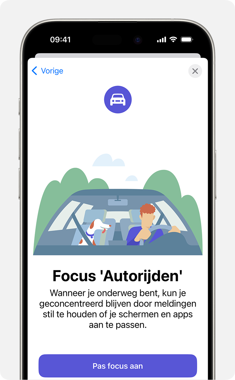 Eerste configuratiescherm van de focus 'Autorijden' in 'Instellingen' > 'Focus'