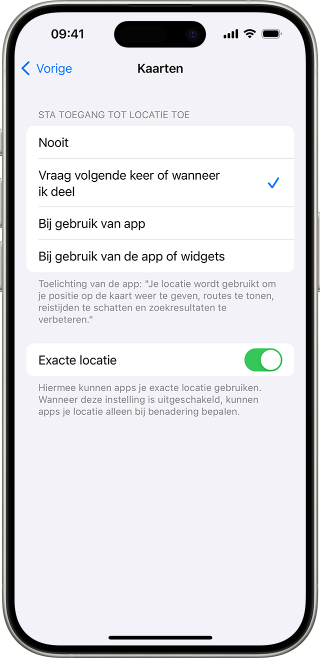 Wanneer je 'Exacte locatie' uitschakelt, deel je alleen je geschatte locatie met de geselecteerde app.