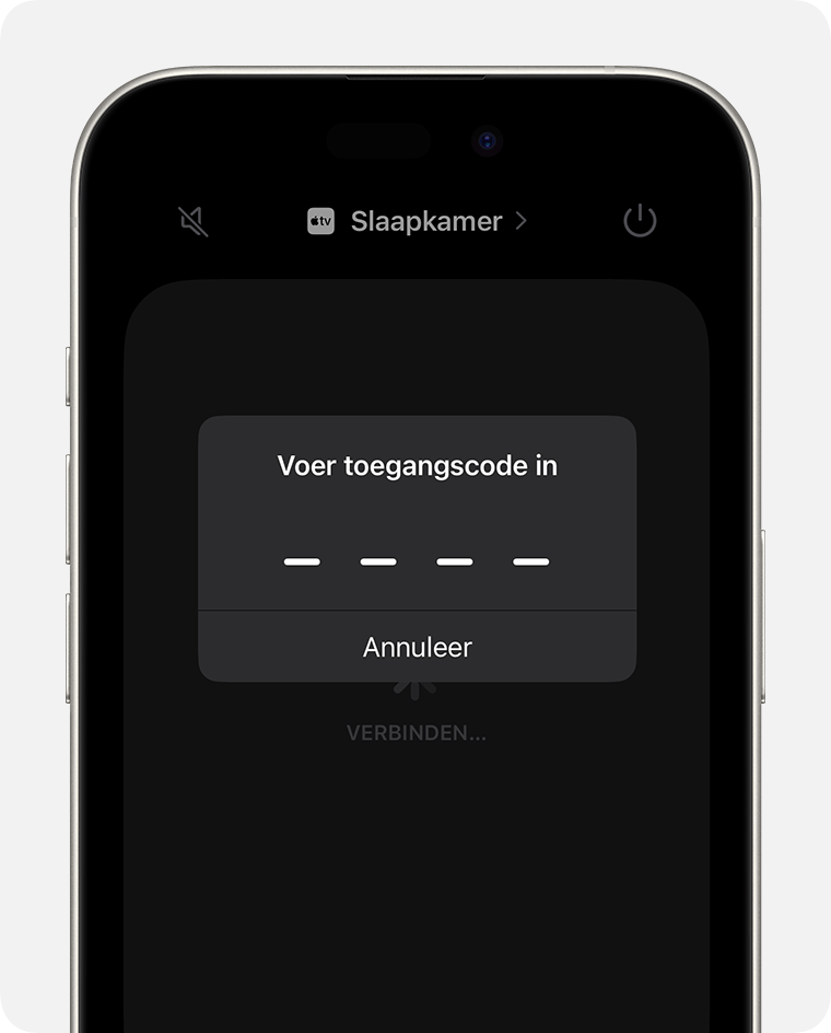 Het scherm Toegangscode invoeren verschijnt op het scherm 'Apple TV Remote' op de iPhone