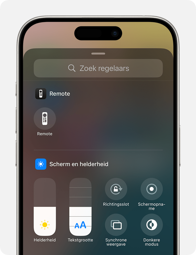 Het paneel 'Zoek regelaars' in het bedieningspaneel in iOS 18
