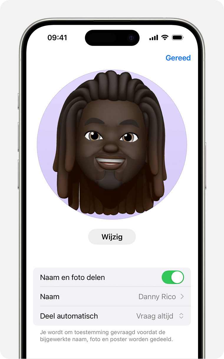 In Berichten kun je de naam en foto kiezen die je deelt in gesprekken. 