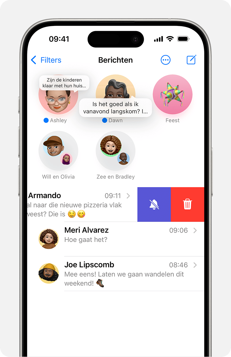 Om meldingen voor een gesprek te stoppen, veeg je naar links over het gesprek zodat je de knop 'Meldingen' ziet.