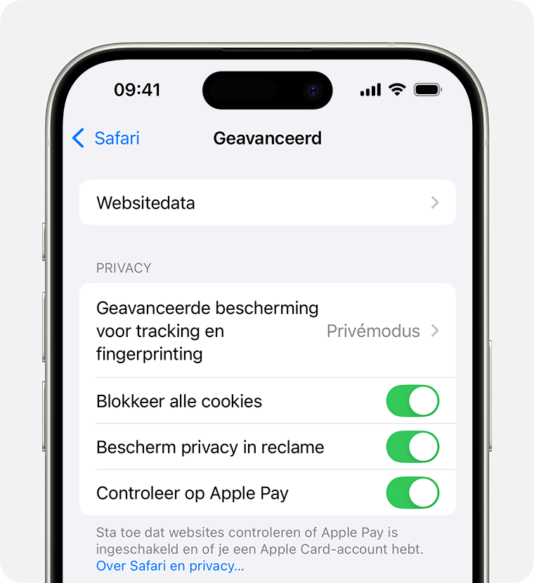 Een iPhone die de Safari-instellingen weergeeft. De schakelaar 'Blokkeer alle cookies' is ingeschakeld.