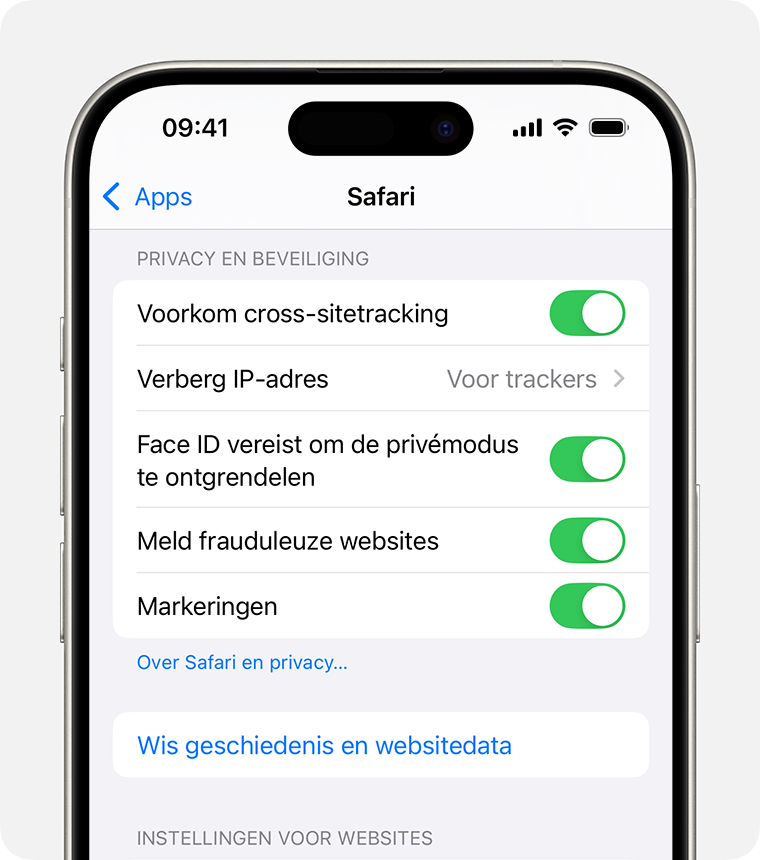 Een iPhone die de Safari-instellingen weergeeft. Onderaan het gedeelte 'Privacy en beveiliging' zie je een knop 'Wis geschiedenis en websitedata'.