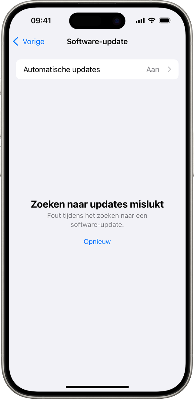 Een iPhone met het bericht 'Zoeken naar updates mislukt'