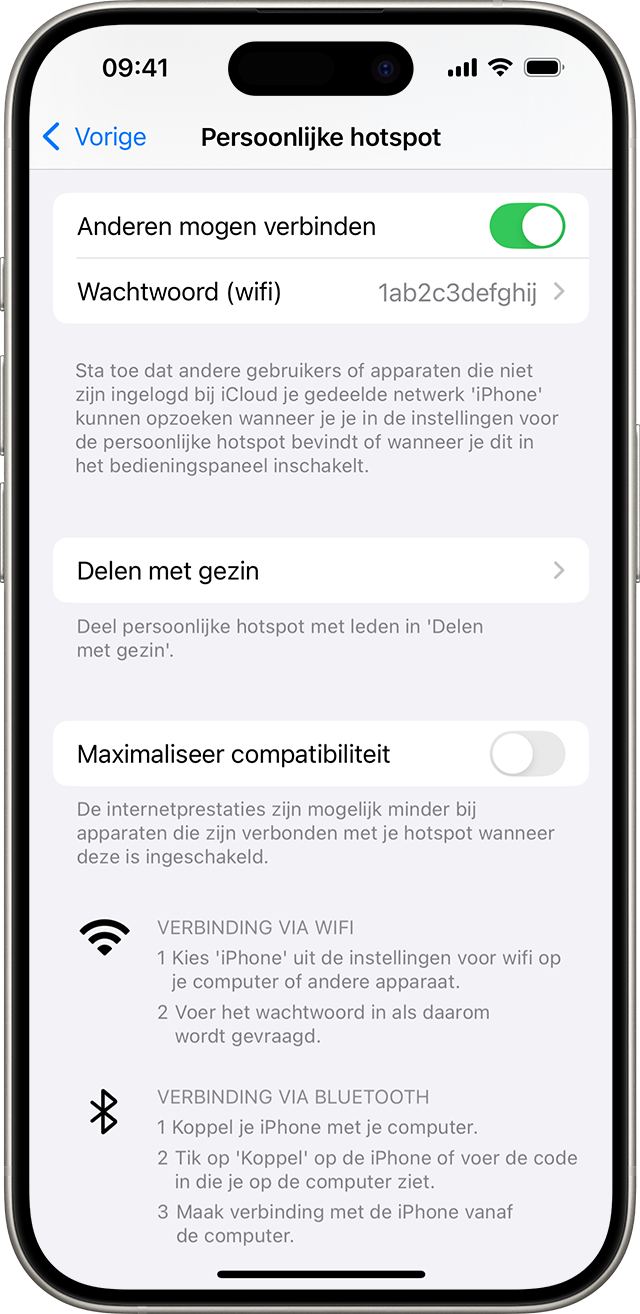 iPhone-scherm met de instellingen voor Persoonlijke hotspot