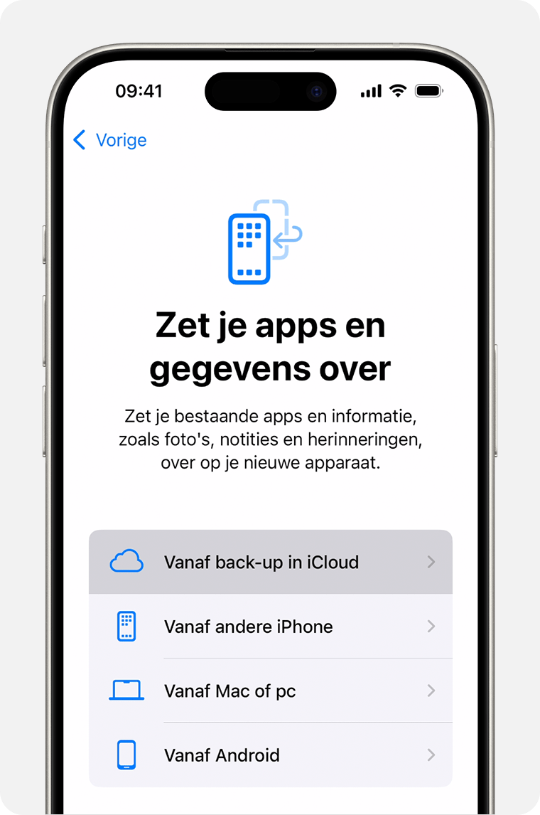 Een iPhone met de optie 'Vanaf iCloud-reservekopie' geselecteerd