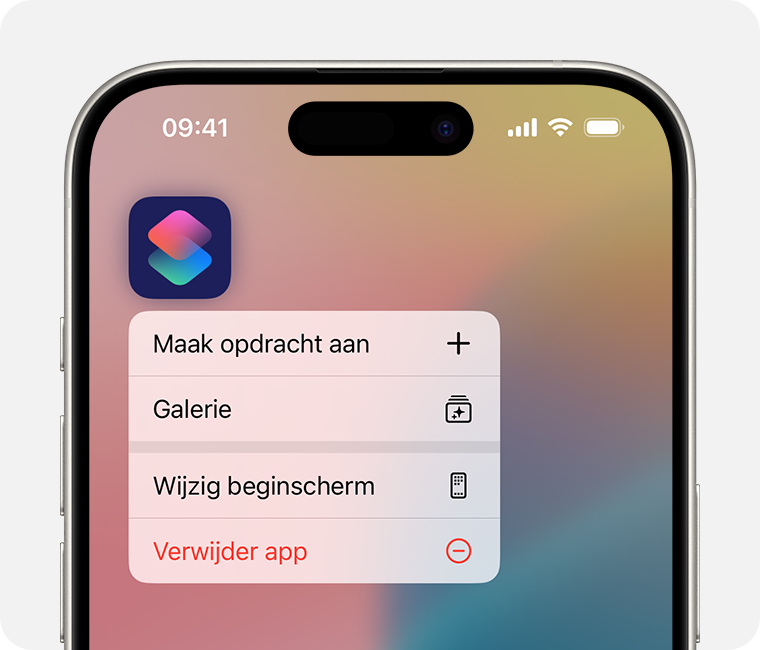 Een iPhone-scherm met het menu dat verschijnt wanneer je een app ingedrukt houdt. 'Verwijder app' is de laatste optie in het menu.