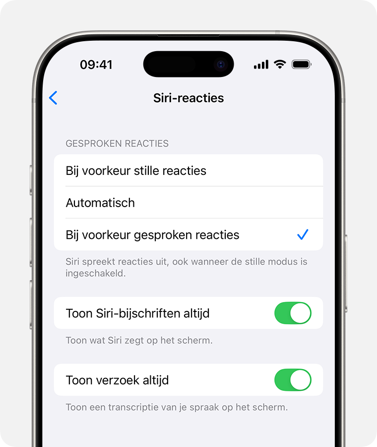 Scherm 'Siri-reacties' met 'Bij voorkeur gesproken reacties' geselecteerd en de optie 'Toon verzoek altijd' ingeschakeld