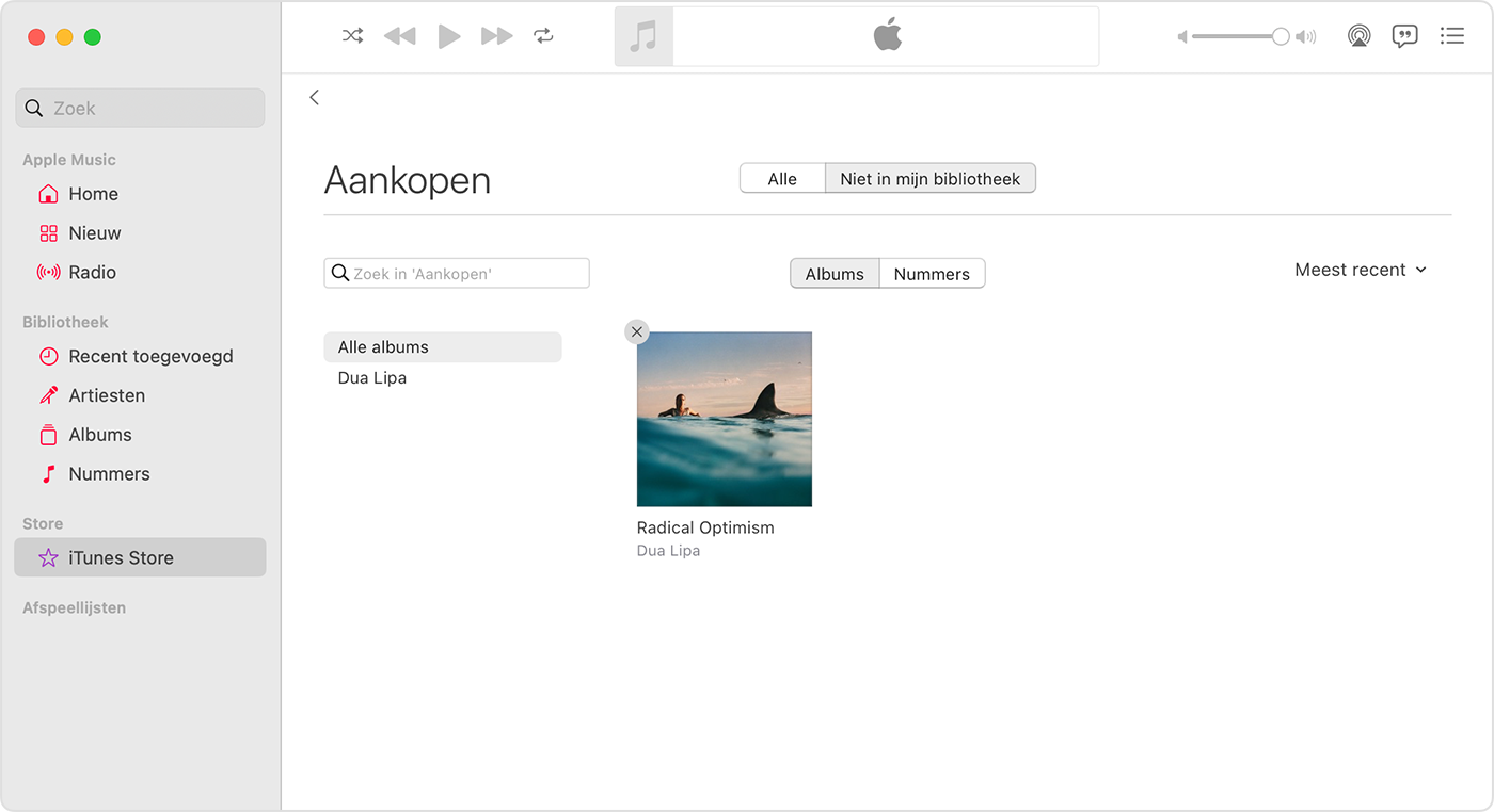 Apple Music-app voor de Mac met de knop 'Verberg aankopen' boven een gekocht item