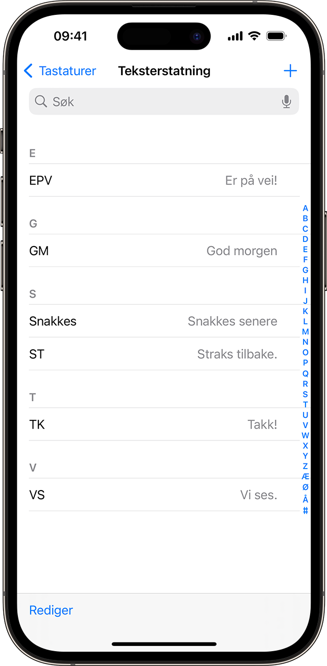 En liste over tekstsnarveier som er konfigurert for bruk på iPhone.