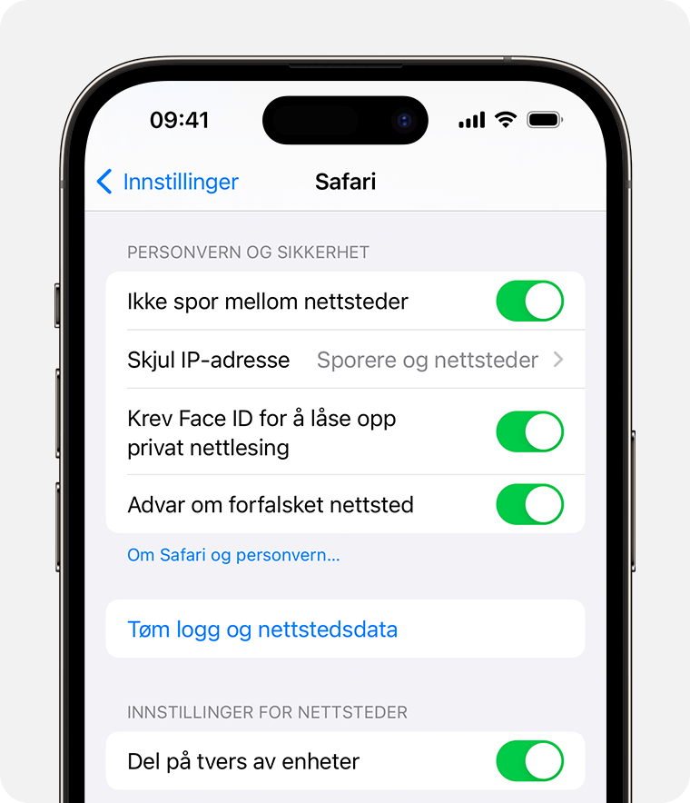 I Safari-innstillingene kan du kreve Face ID for å låse opp Privat nettlesing-vinduer.