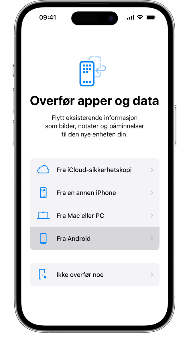 Under overføringsprosessen kan du velge hvilke apper og hvilken informasjon du vil overføre.