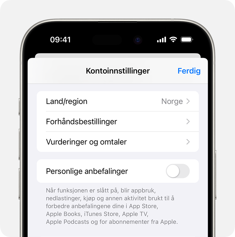 iPhone som viser Forhåndsbestillinger i Kontoinnstillinger