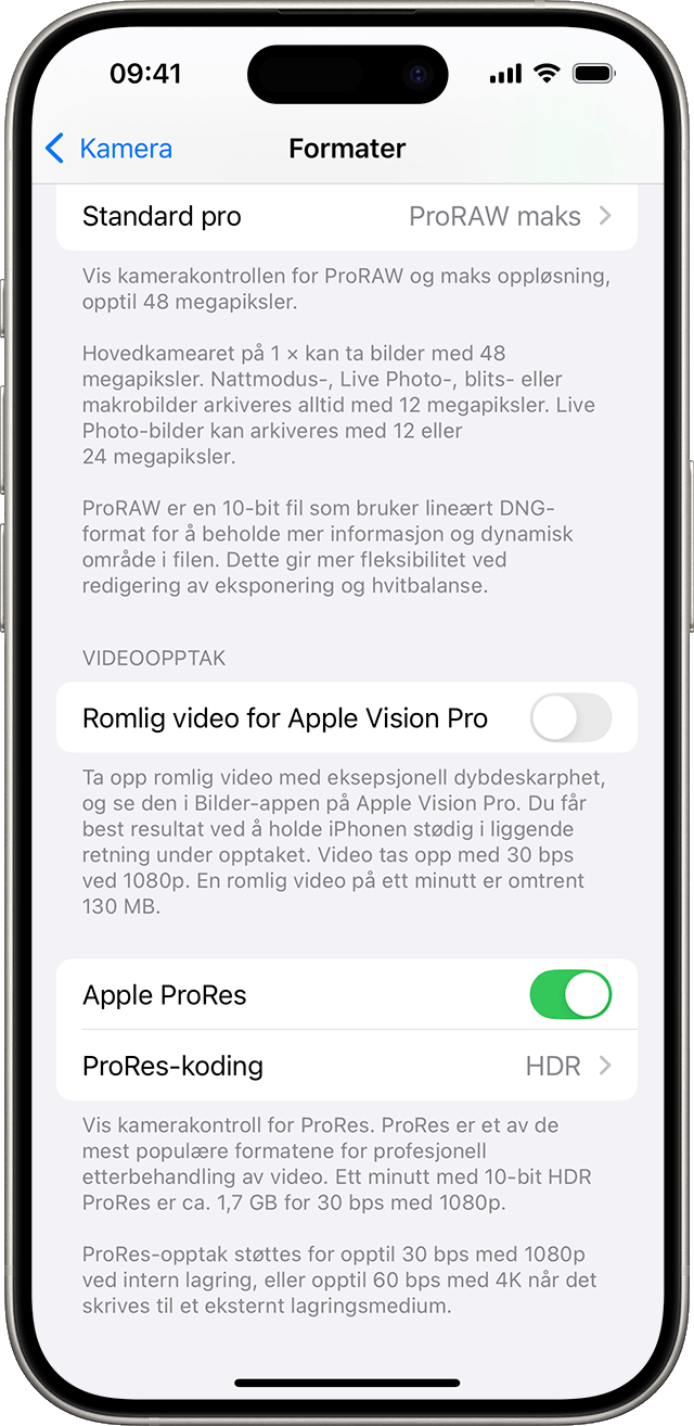 En iPhone som viser innstillinger for Kameraformater