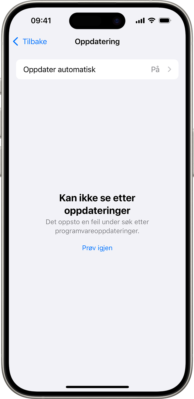 En iPhone som viser meldingen «Kan ikke se etter oppdateringer»