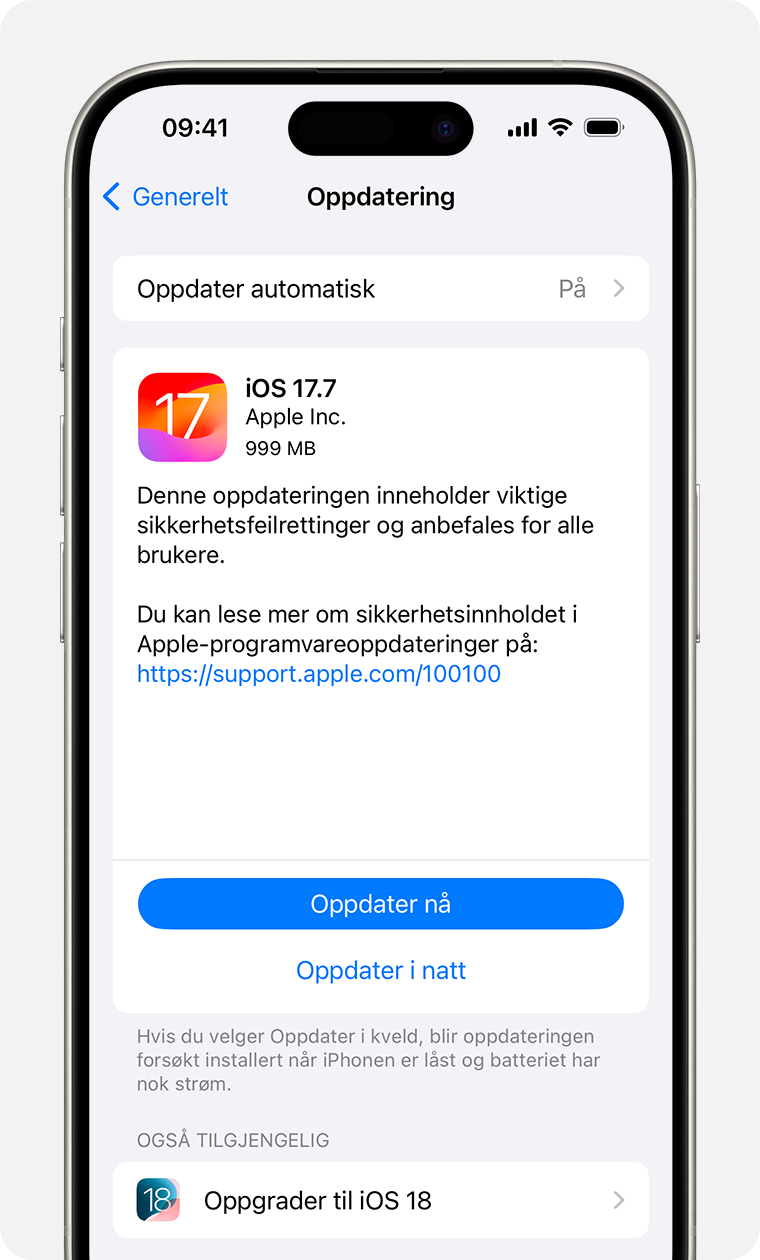 En iPhone som viser programvareoppdatering-skjermen. Oppdater nå er det valgte alternativet.