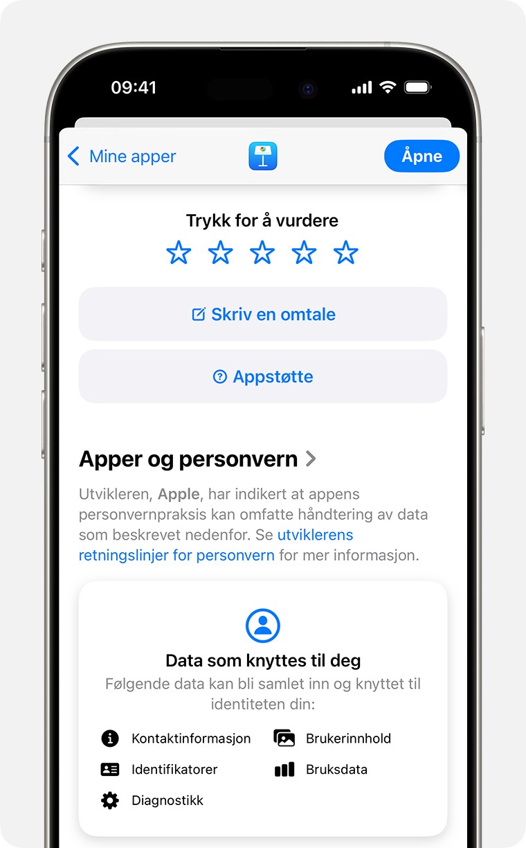 En iPhone som viser appbeskrivelsessiden for Keynote. Øverst ser du 5 stjerner du kan bruke for å vurdere appen, en knapp for å skrive en omtale og en knapp for Appstøtte.