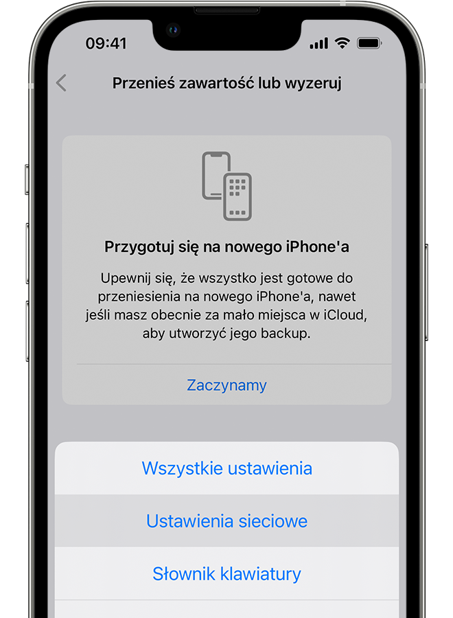 iPhone z ekranem Przenieś zawartość lub wyzeruj. 