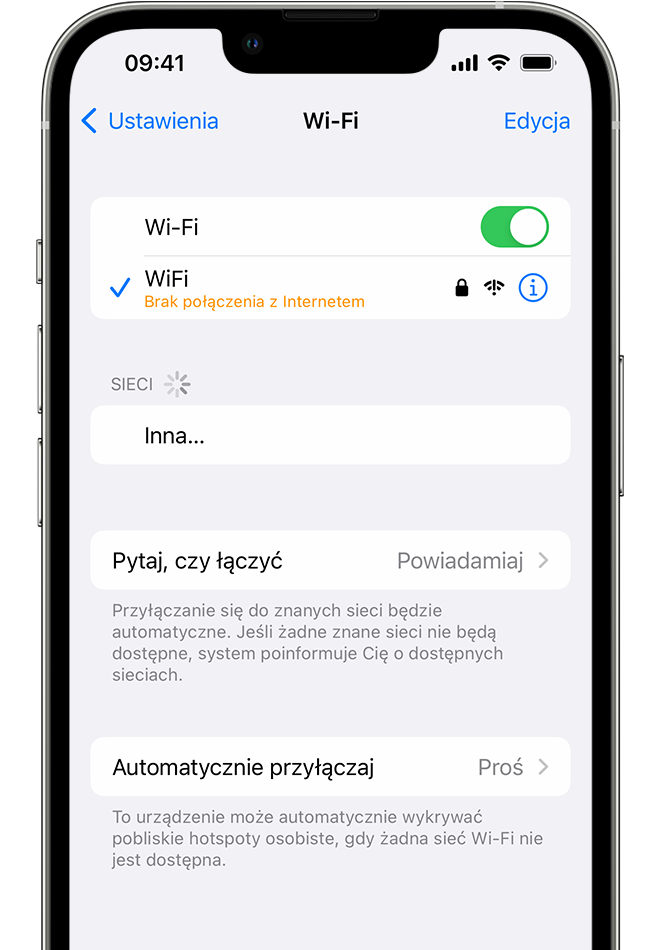 iPhone z ekranem Wi-Fi. Pod nazwą sieci Wi-Fi jest wyświetlony komunikat alertu.