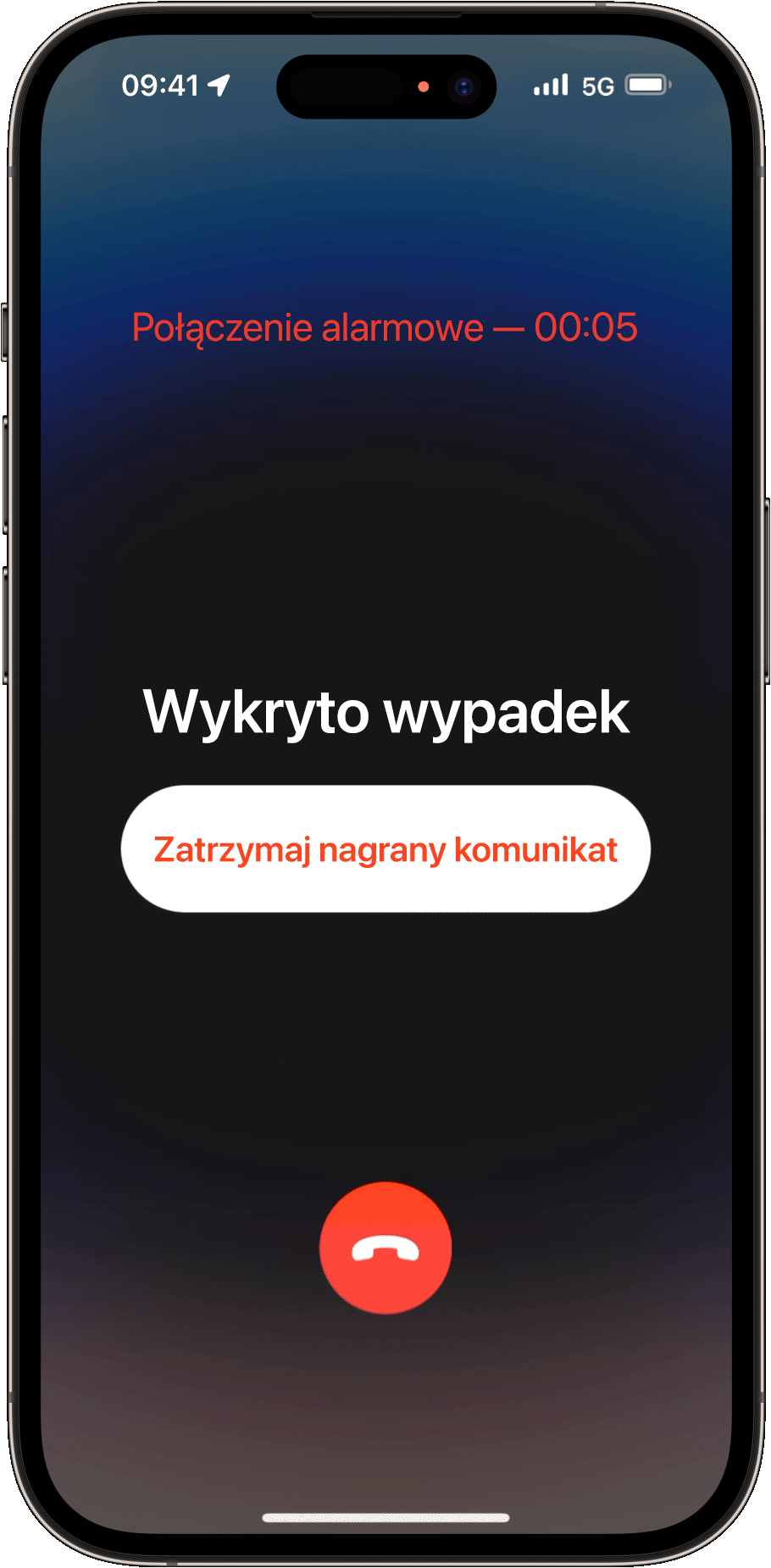 Gdy nie reagujesz, iPhone kontaktuje się ze służbami ratowniczymi i odtwarza nagrany komunikat