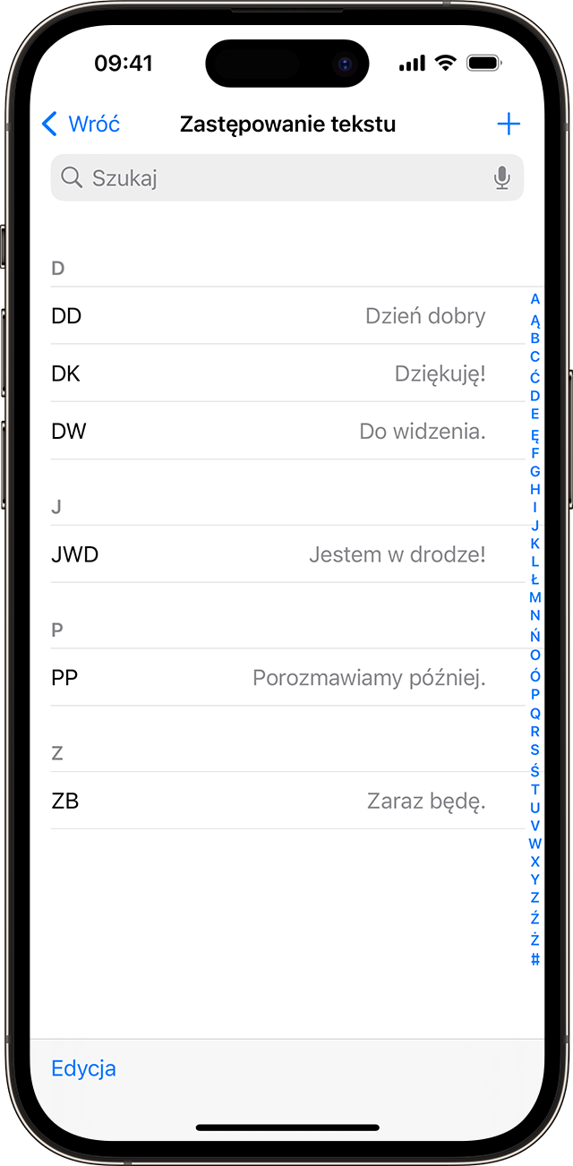 Lista skrótów tekstowych skonfigurowanych do użycia na iPhonie.