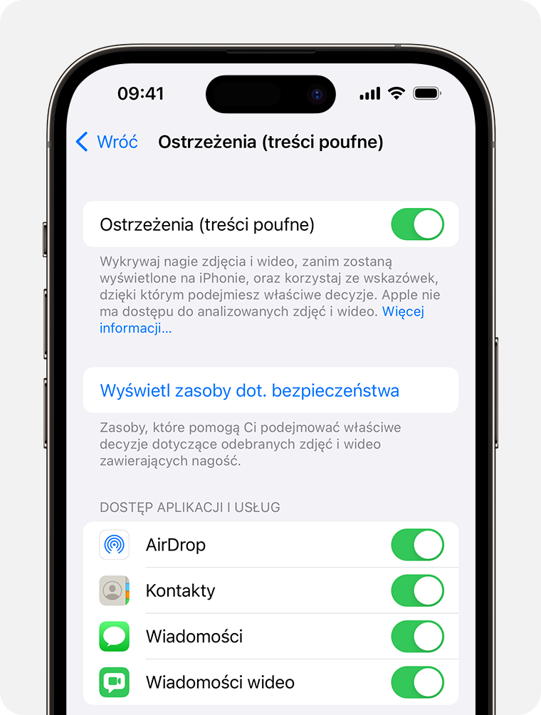 W ustawieniach Prywatności i ochrony na iPhonie możesz włączyć Ostrzeżenia dotyczące treści poufnych i wybrać aplikacje, w których chcesz włączyć ochronę.