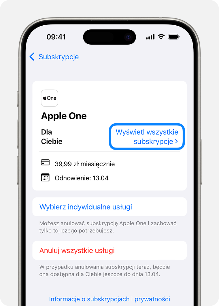 iPhone 15 Pro pokazujący ekran Subskrypcje. Aby zobaczyć dostępne plany subskrypcji, kliknij opcję Zobacz wszystkie plany.