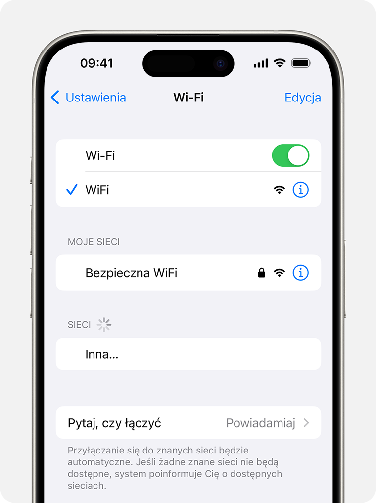 iPhone z ekranem Wi-Fi. Obok nazwy sieci Wi-Fi jest niebieski znacznik wyboru.