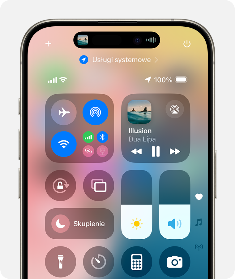 Ikona AirPlay jest wyświetlana w grupie elementów sterujących odtwarzaniem multimediów w prawym górnym rogu ekranu na iPhonie