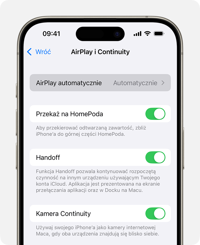 Opcja Automatycznie jest zaznaczona dla funkcji AirPlay automatycznie na ekranie AirPlay i Handoff na iPhonie