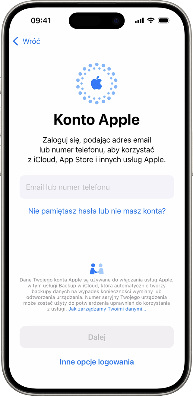 Użyj adresu e-mail lub numeru telefonu, aby zalogować się przy użyciu konta Apple podczas procesu konfigurowania iPhone’a w systemie iOS 18.