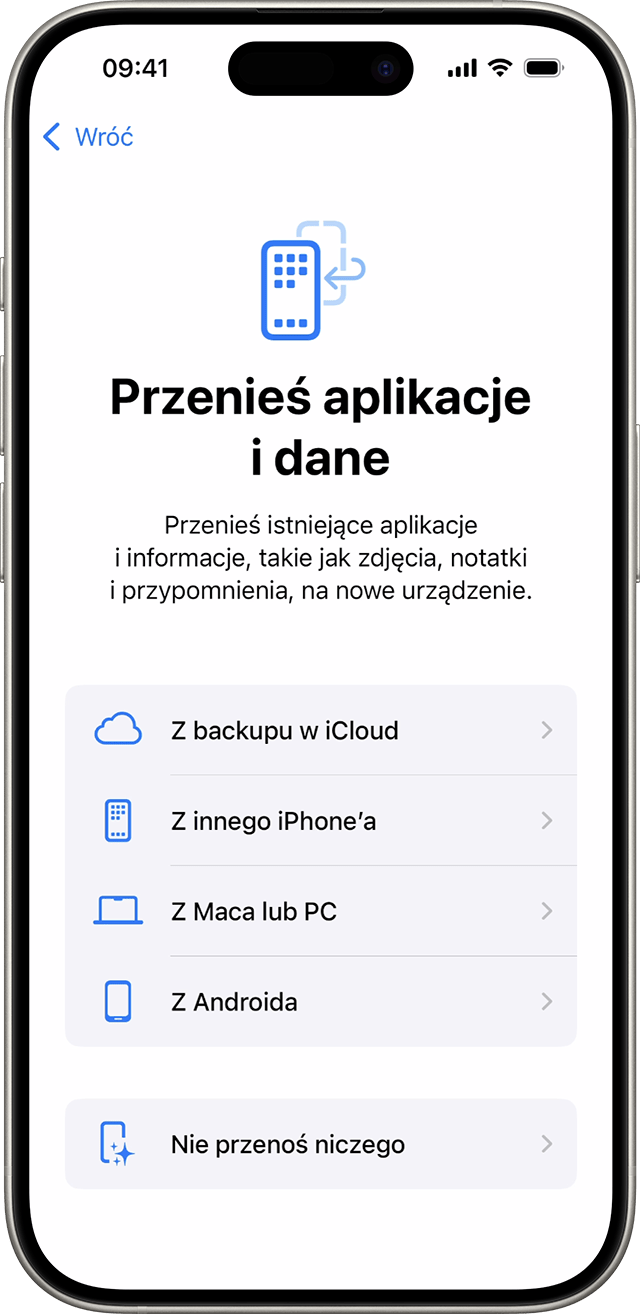 Opcje Przenieś aplikacje i dane podczas konfigurowania iPhone’a w systemie iOS 18