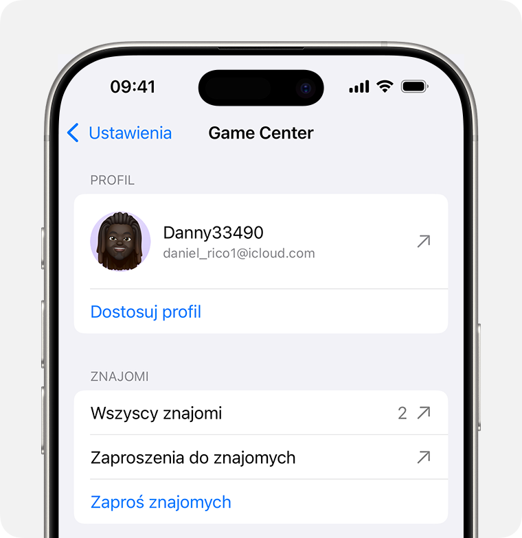 iPhonie z otwartymi Ustawieniami i otwartą usługą Game Center. Użytkownik jest zalogowany i ma możliwość dostosowania swojego profilu oraz zarządzania znajomymi.