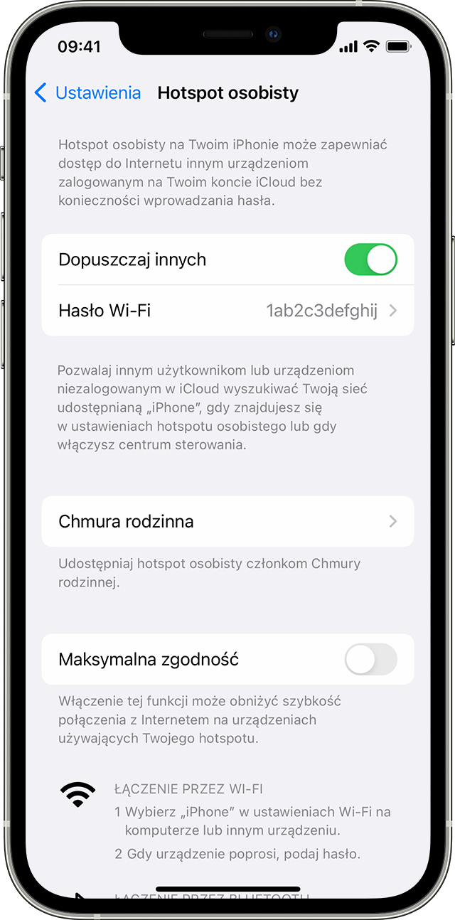 Ekran iPhone’a, na którym wyświetlony jest pasek Hotspot osobisty.