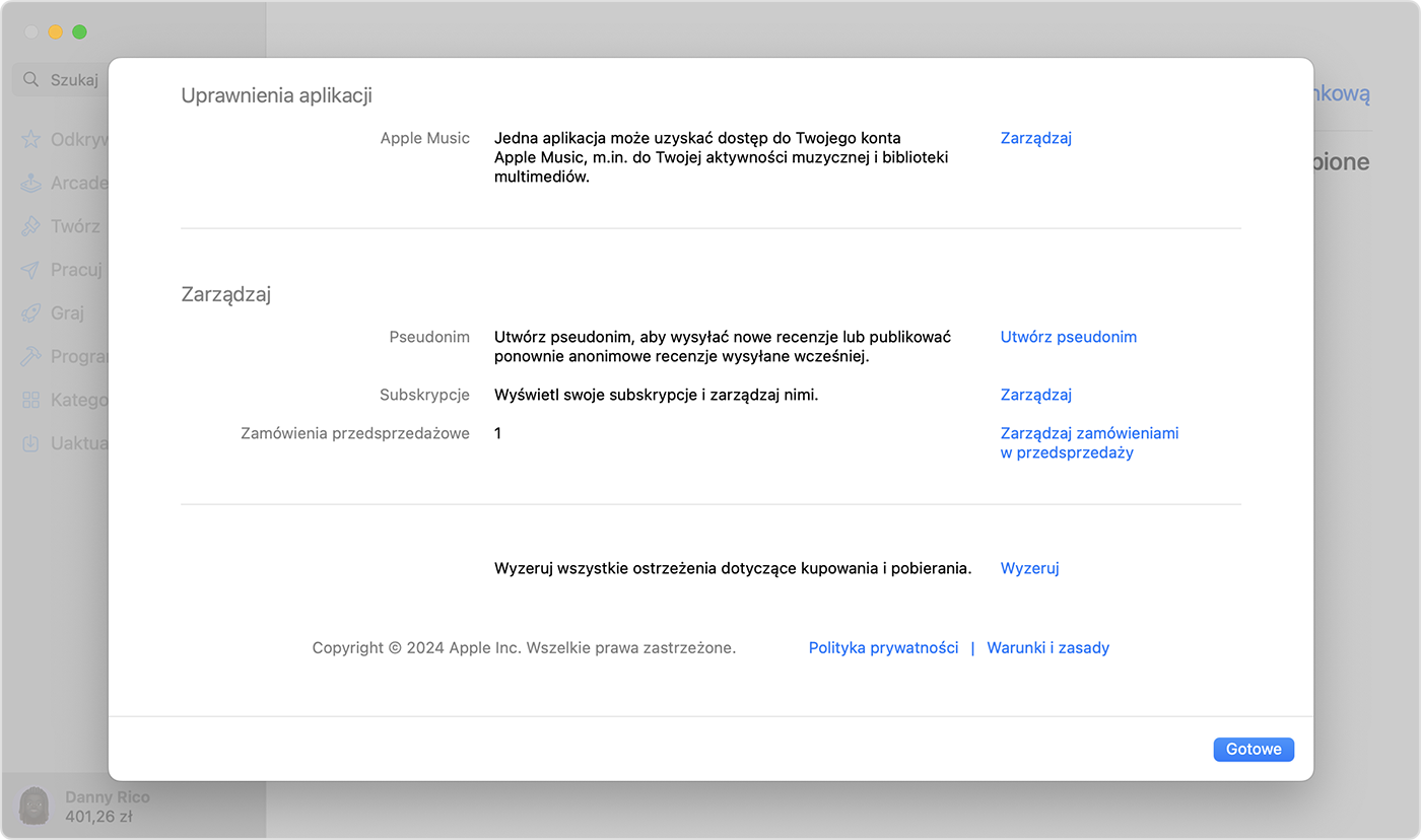 App Store na Macu wyświetlający zamówienia w przedsprzedaży w Ustawieniach konta