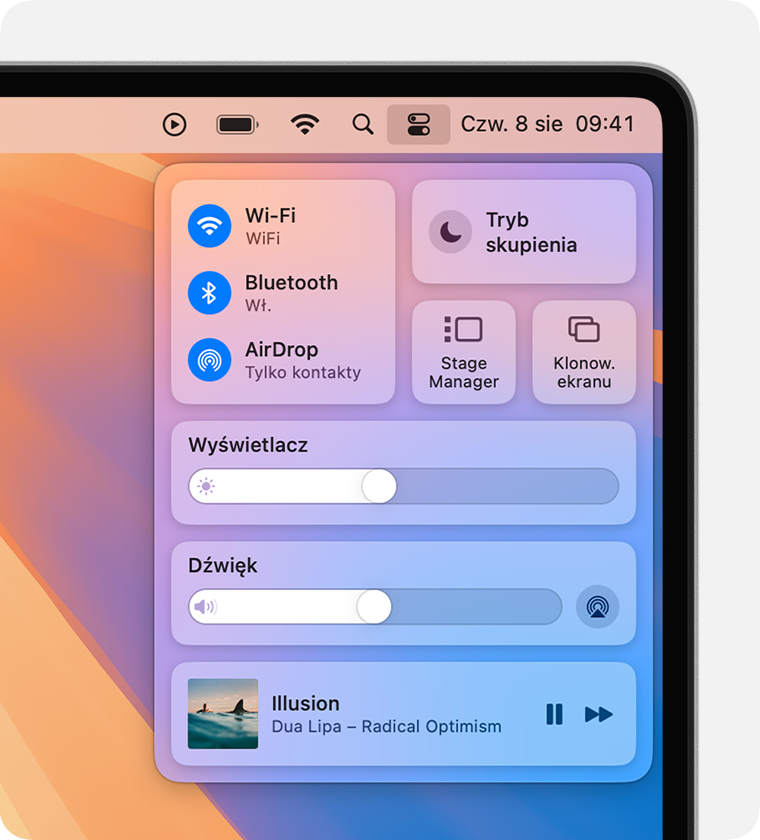 Pod paskiem menu na Macu są wyświetlane różne moduły centrum sterowania