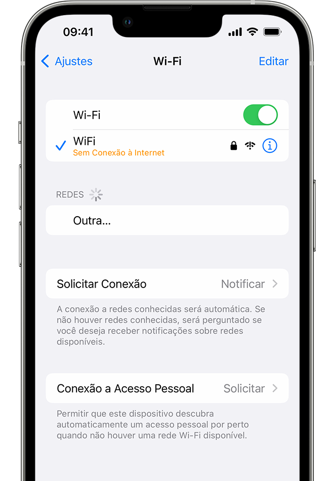 iPhone mostrando a tela Wi-Fi. Há uma mensagem de alerta abaixo do nome da rede Wi-Fi.