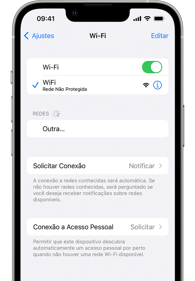 iPhone mostrando a tela Wi-Fi. Há uma marca de seleção azul ao lado do nome da rede Wi-Fi.