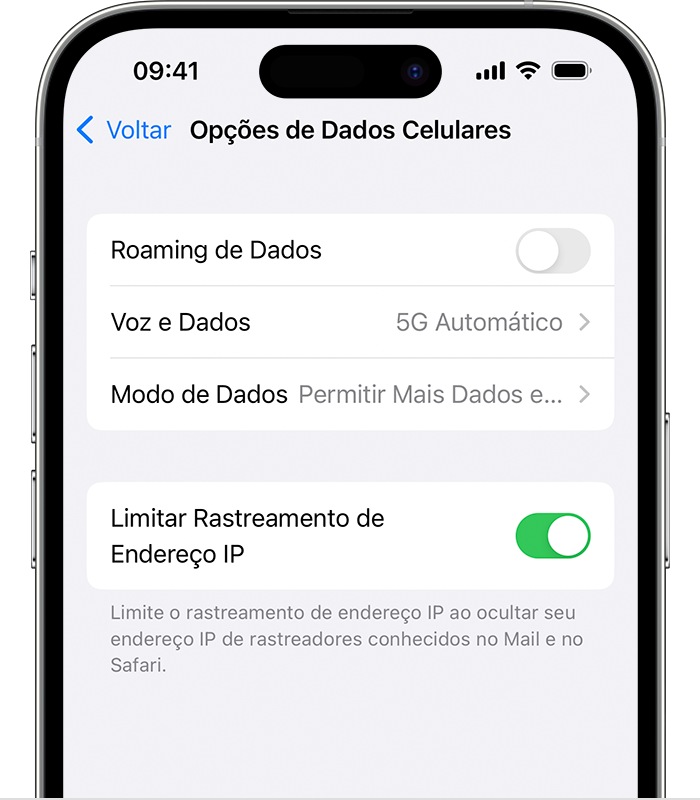 Captura de tela mostrando "Opções de Dados Celulares"