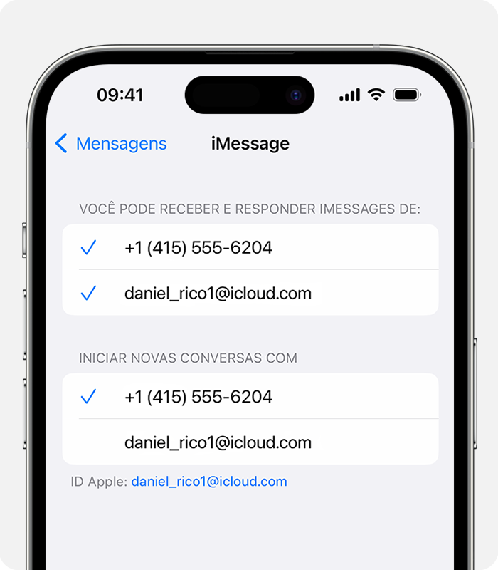 Em Ajustes > Mensagens > Enviar e Receber, você pode escolher usar um número de telefone ou endereço de e-mail para novas conversas.