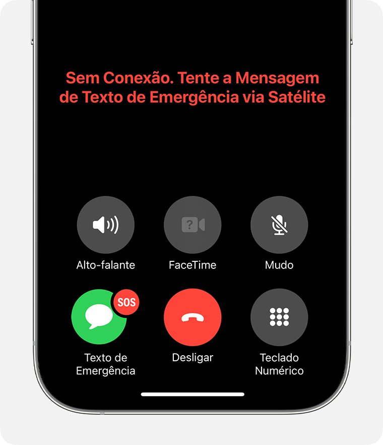 Se você estiver fora da cobertura da rede celular e Wi-Fi, poderá enviar mensagens de texto para os serviços de emergência via satélite.