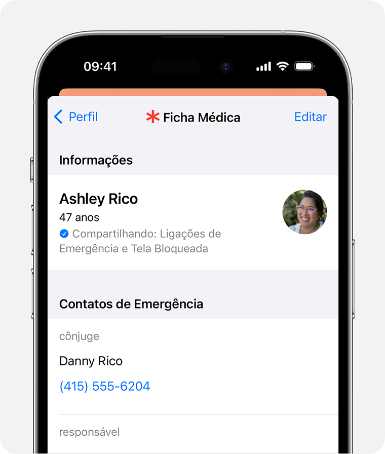 Configure sua Ficha Médica para compartilhar informações de saúde com os profissionais dos serviços de emergência.