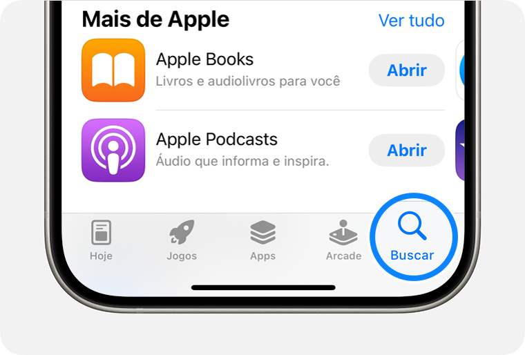 Em um iPhone, a App Store está aberta e a aba Buscar na parte inferior da tela é exibida.