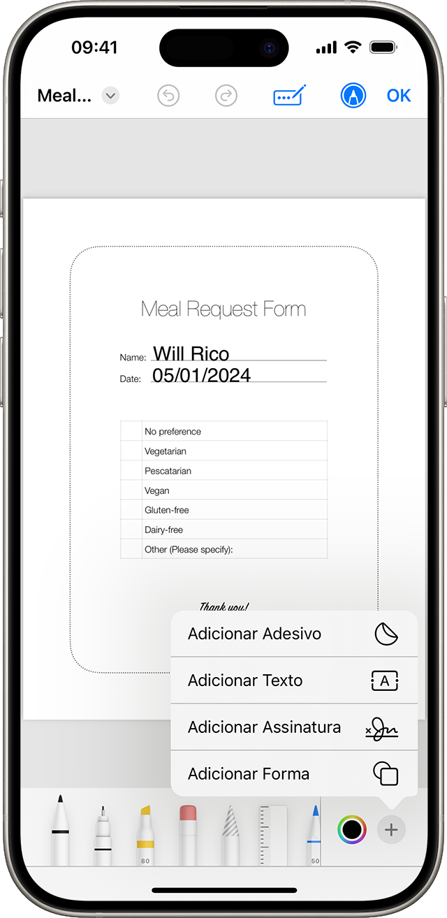 No iOS 17, você pode usar a Marcação para adicionar texto, formas ou até mesmo uma assinatura a documentos e imagens.